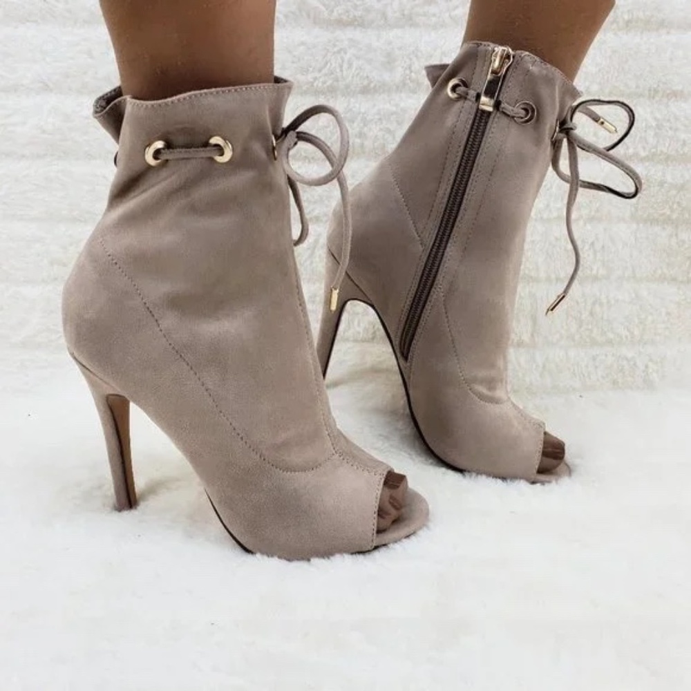 Glister Taupe Drawstring Open Toe 4" Ankle Boots